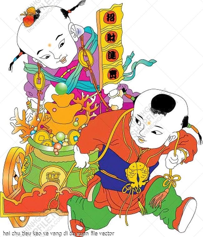 hai chu tieu keo xe vang di du xuan file vector